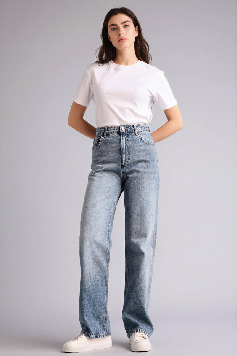 DeFacto Blue Woman 100% Cotton 90's Wide Leg High Waist Long Jeans Casual - Image 2